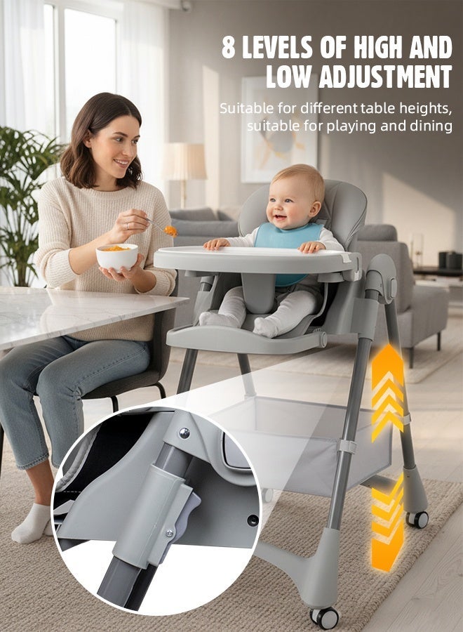 Soft Touch 3-in-1 Baby High Chair, Foldable Toddler Feeding Chair with Removable Soft Cushion and Double Tray, 8 Height Levels, 4 Recline Positions, Baby Dining Chair with Wheels and Storage Basket, Baby Dining Chair for 6–36 Months (Grey) - Image 5